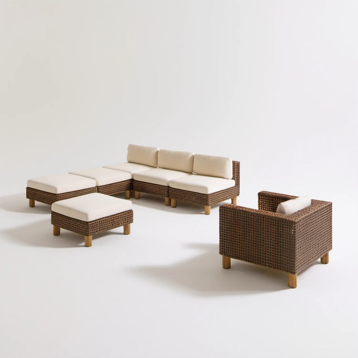 Modułowa sofa narożna z fotelem i pufą z technorattanu, brązowo-beżowa, 215 x 150 x 75 cm