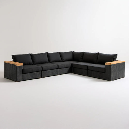 Modułowy narożnik ogrodowy z technorattanu, czarny/drewno naturalne, 280 × 280 × 70 cm
