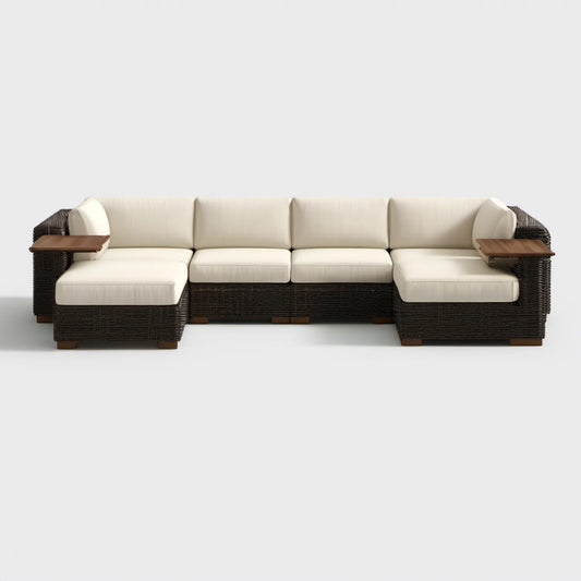 Modułowa sofa ogrodowa z technorattanu z kremowymi poduszkami, ciemnobrązowa, 300 x 85 x 75 cm