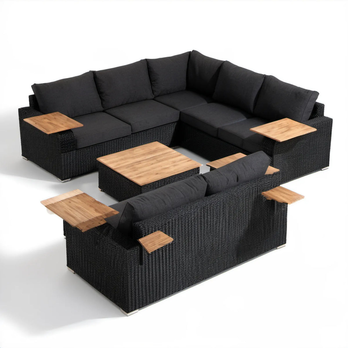 Czarny zestaw wypoczynkowy z technorattanu z akacjowymi blatami, 2 sofy 220 × 85 × 70 cm i stolik 100 × 60 × 35 cm