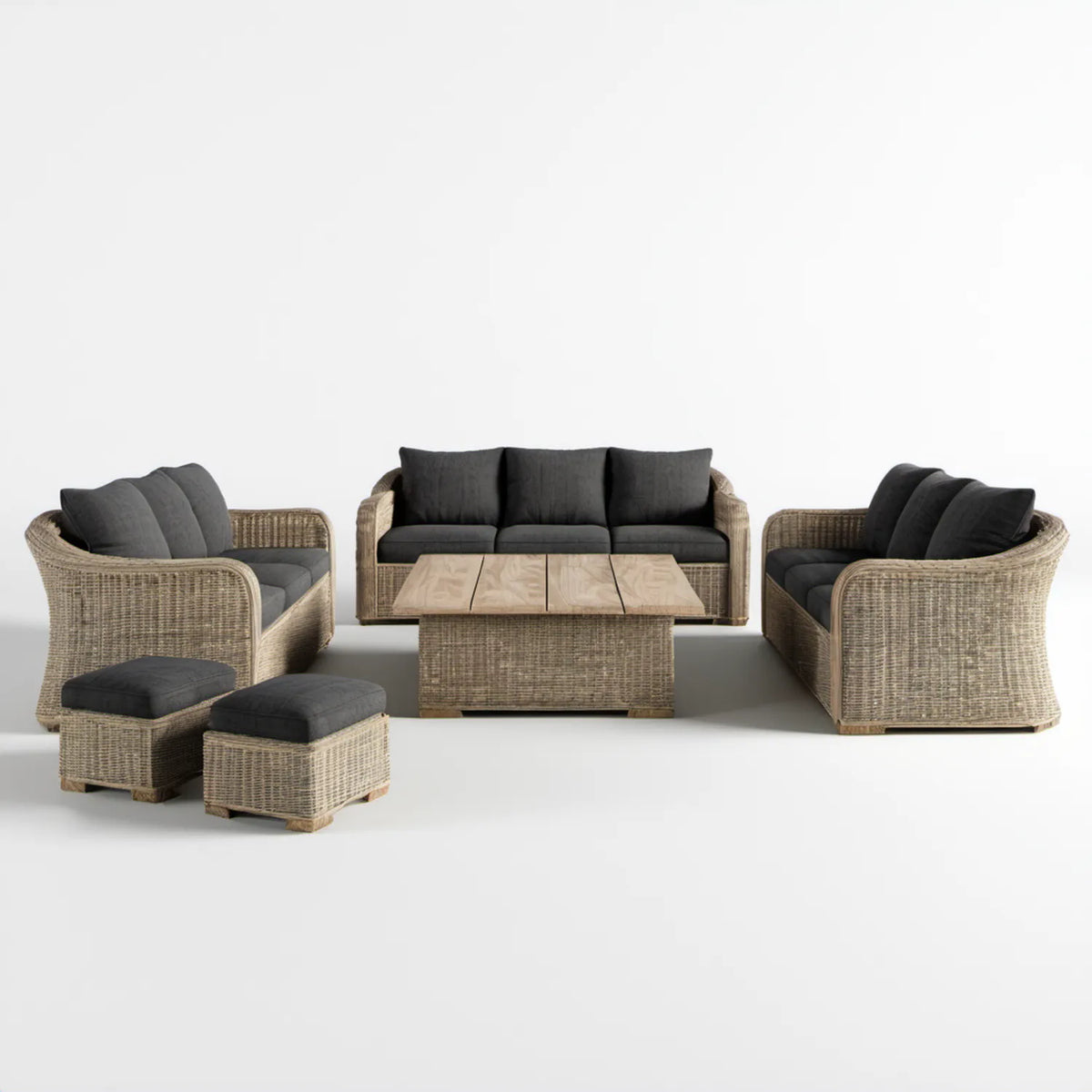 6-częściowy zestaw wypoczynkowy z technorattanu PE i drewna akacjowego, naturalny/beżowy/czarny, sofa 200 × 80 × 82 cm