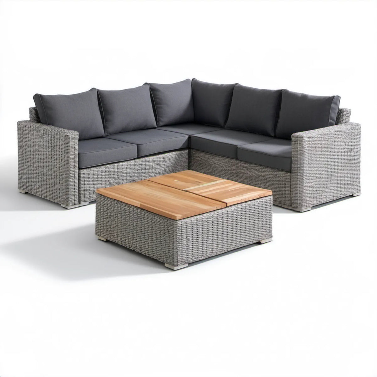 Narożny zestaw ogrodowy z technorattanu 230 x 230 cm ze stolikiem, szary/antracytowy/naturalny brąz