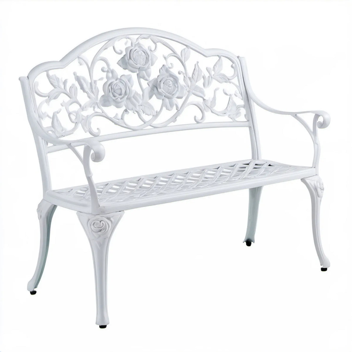 Biała ławka ogrodowa dwuosobowa z odlewu aluminium 100 x 54 x 89 cm