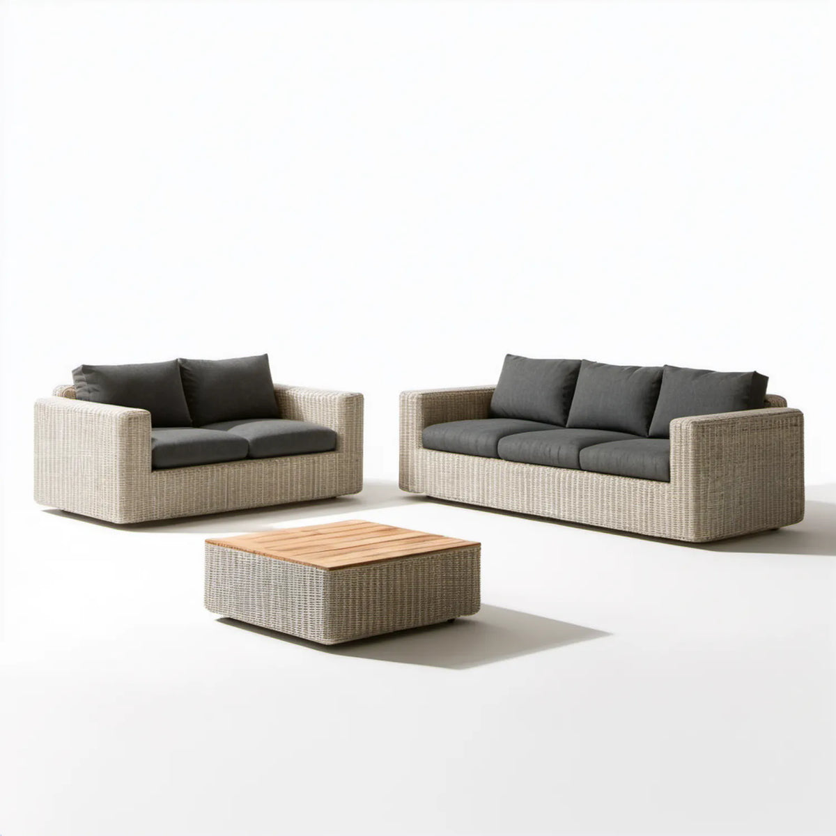 Zestaw wypoczynkowy z technorattanu PE: sofa 2-osobowa 150 x 85 x 68 cm, sofa 3-osobowa 210 x 85 x 68 cm i stolik 110 x 60 x 40 cm