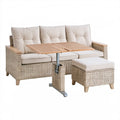 Beżowo-jasnoszaro-brązowa sofa ogrodowa 3-osobowa z podnóżkiem i stołem regulowanym 210 × 80 × 88 cm