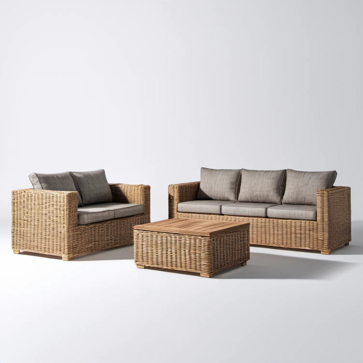 Brązowo-szarobrązowy zestaw wypoczynkowy z plecionki PE, sofa 200 × 85 × 75 cm, fotel i stolik