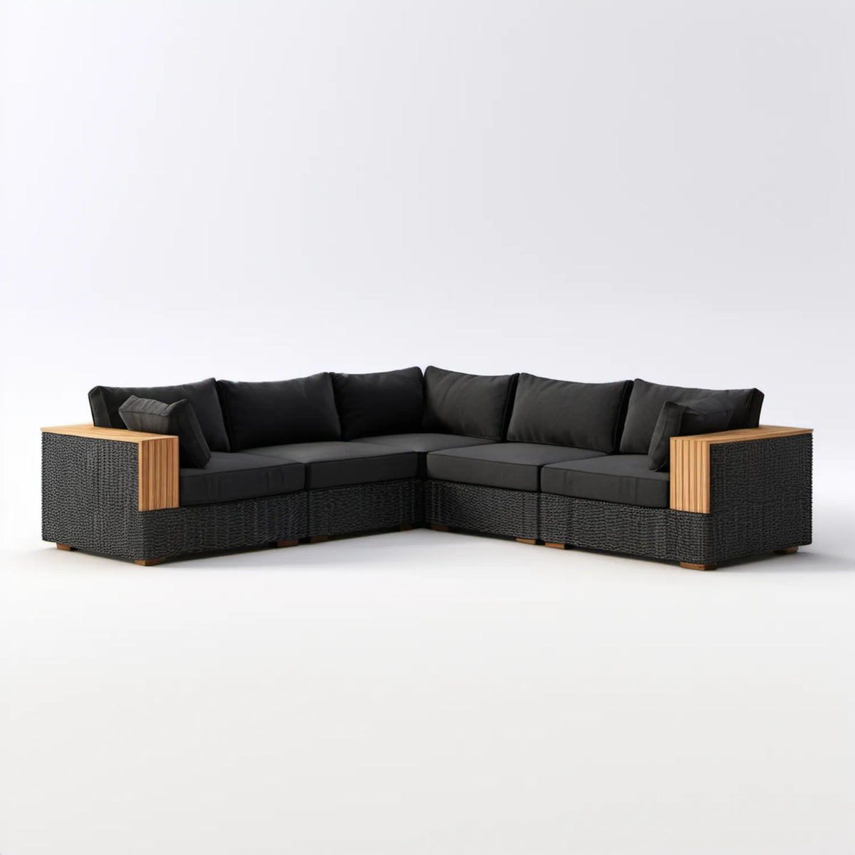 5-osobowy narożnik ogrodowy w kształcie L z technorattanu PE, Czarny/Naturalny brązowy, 280 × 220 × 75 cm