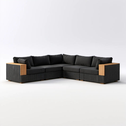 5-osobowy narożnik ogrodowy w kształcie L z technorattanu PE, Czarny/Naturalny brązowy, 280 × 220 × 75 cm